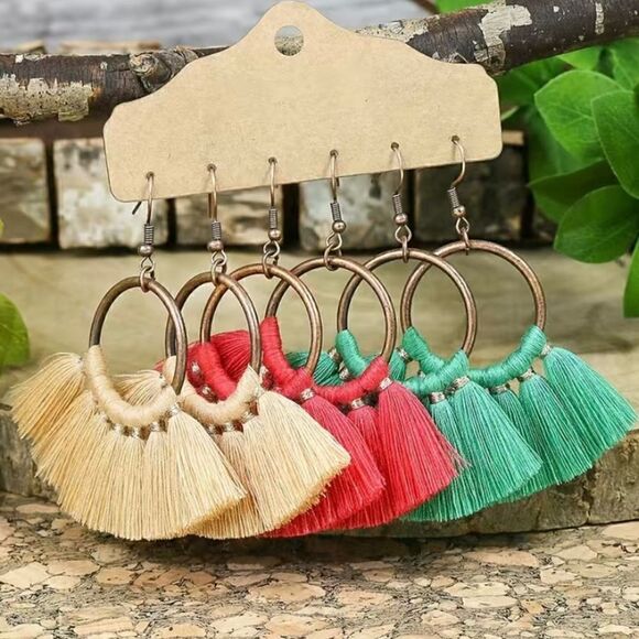 NWT Fashion Jewelry Set Of 3 Boho Multicolor Fringe Bronze Earrings - Picture 1 of 1